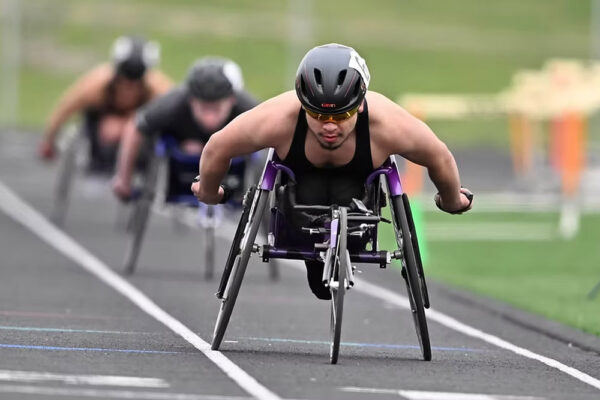 A row of wheelchair athletes participating in the Dairyland Sports Track & Field program